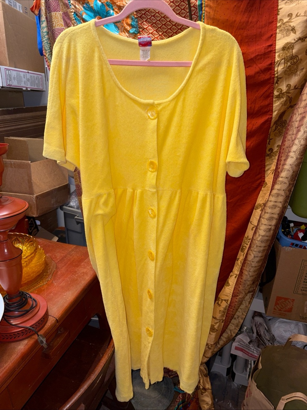 VTG MCM  Granada terry cloth swim cover up robe Yellow Button Dress  pockets 1x